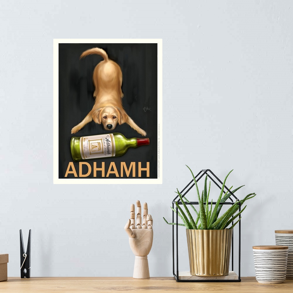 A bohemian room featuring Retro style advertising poster featuring Golden Retriever with Scottish Whisky