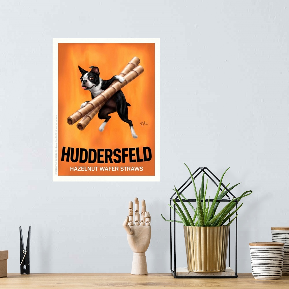 A bohemian room featuring Retro style advertising poster featuring Boston Terrier with Wafer Straws