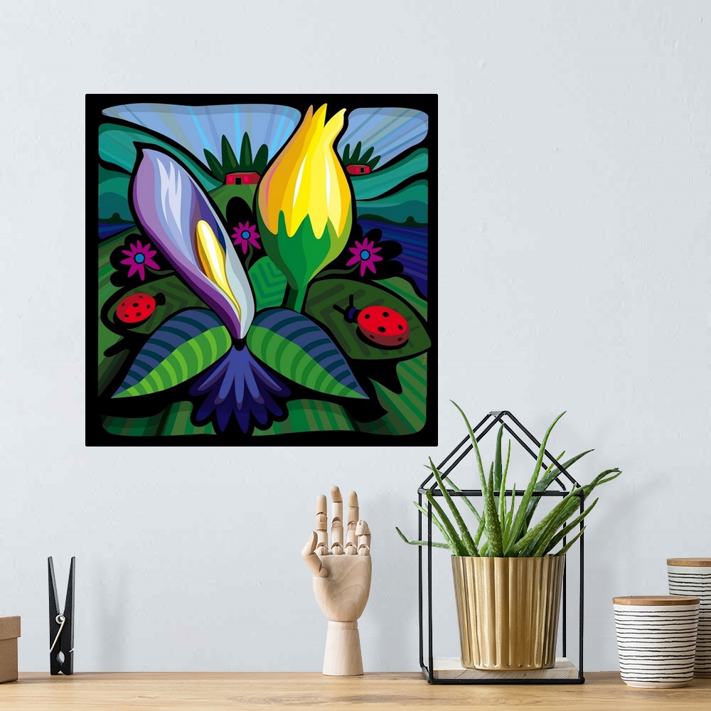 A bohemian room featuring A square digital illustration of a blooming flowers with ladybugs.