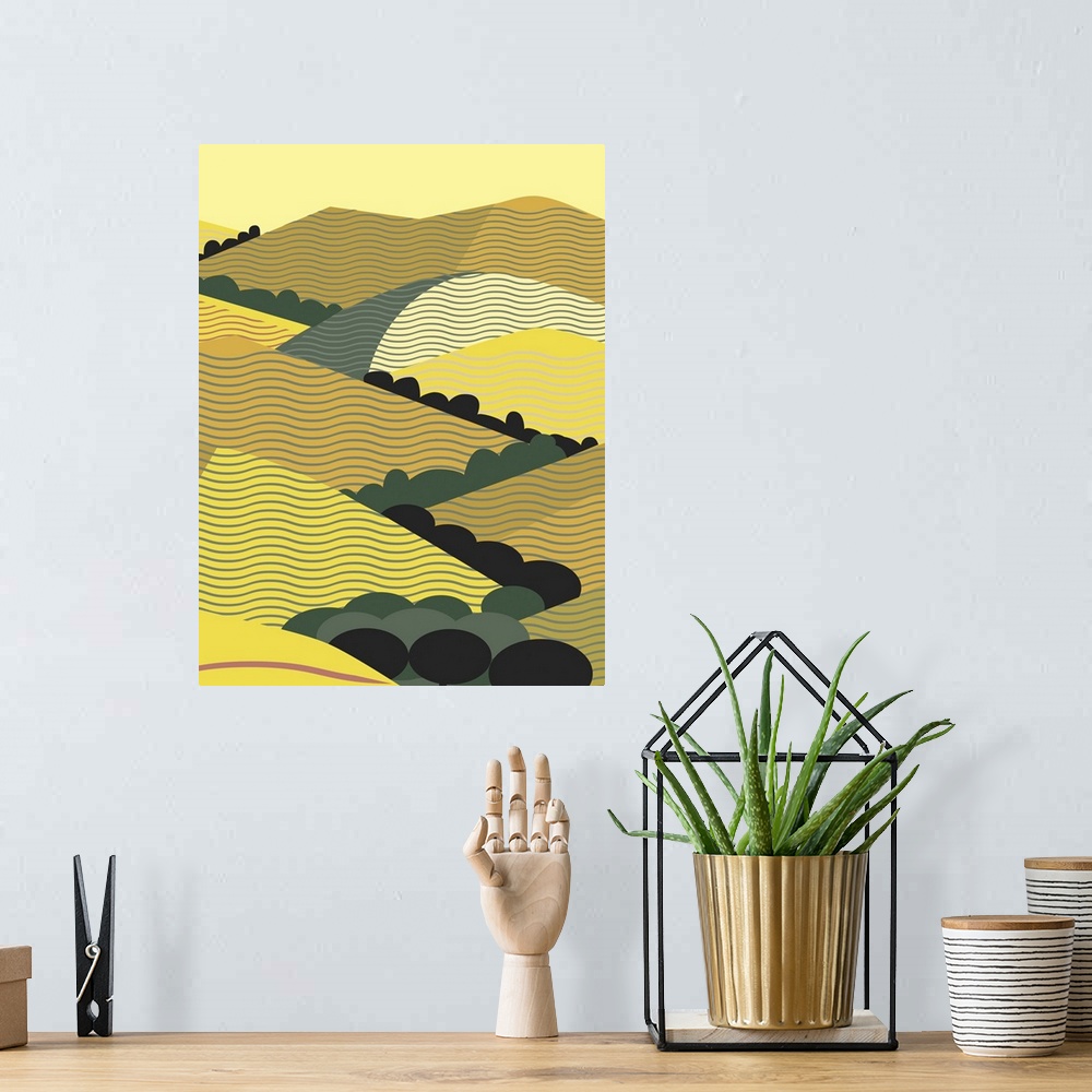 A bohemian room featuring Vertical illustration inspired by coastal California hills in yellow.