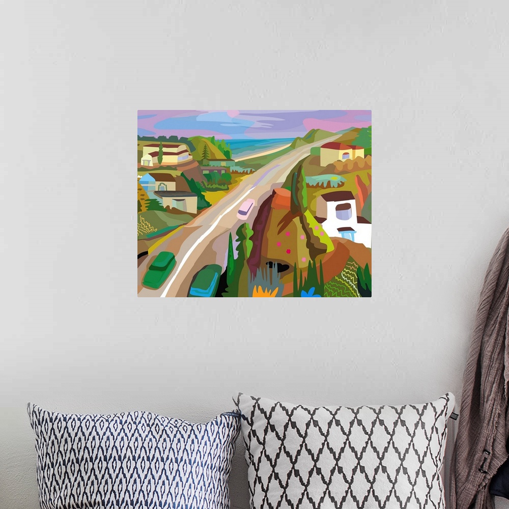 A bohemian room featuring Road, cars, houses, green hills, and ocean combine for fresh, morning air coastal landscape.