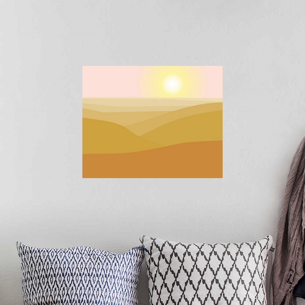 A bohemian room featuring Illustration of dry desert landscape with sun in the sky.