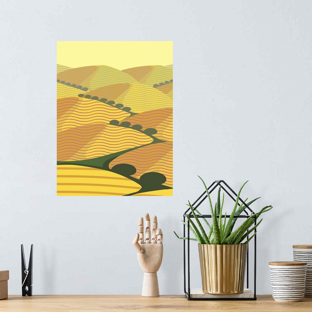 A bohemian room featuring Illustration of Abstracted Yellow Hills in Baja California Coastline.
