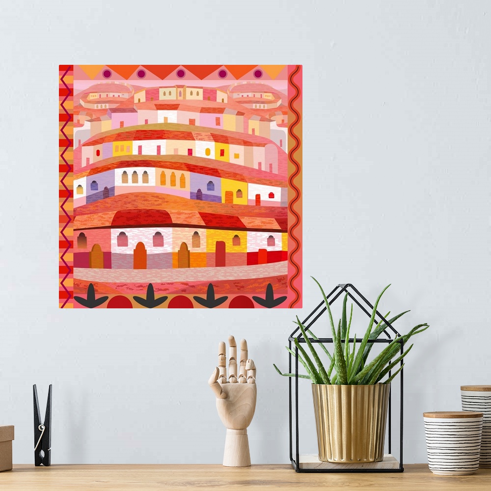 A bohemian room featuring A digital illustration of a village with rows of houses along a hill side in warm shades of red.