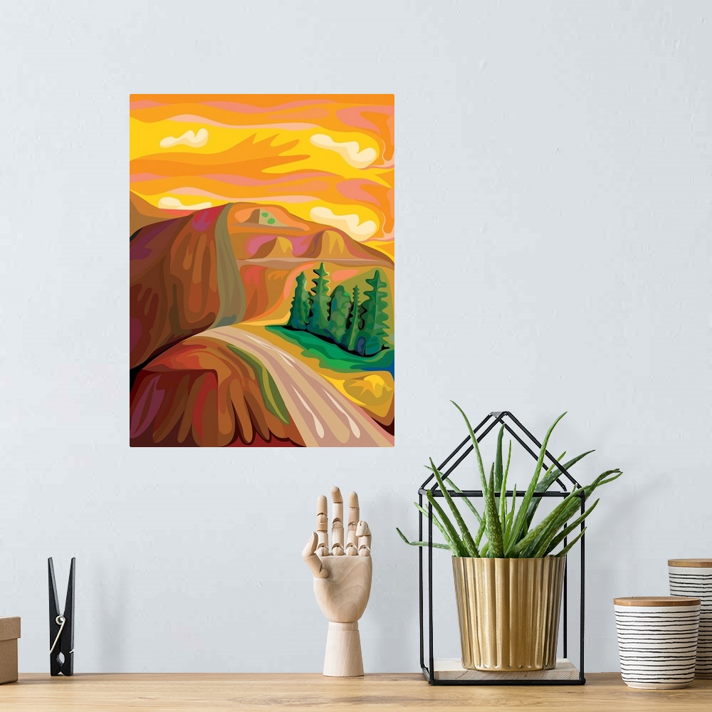 A bohemian room featuring A vertical illustration of a road along a mountain with a vibrant yellow and gold sky.