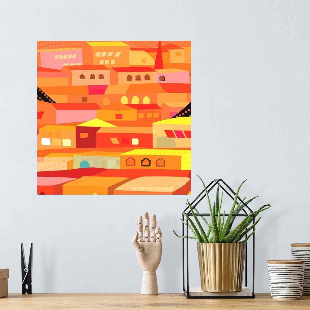 A bohemian room featuring Artistic digital illustration in hues of vibrant orange of a village along a hillside.