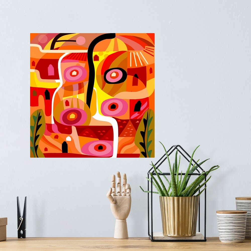 A bohemian room featuring A square digital illustration of various shapes in bright shades of orange and pink.