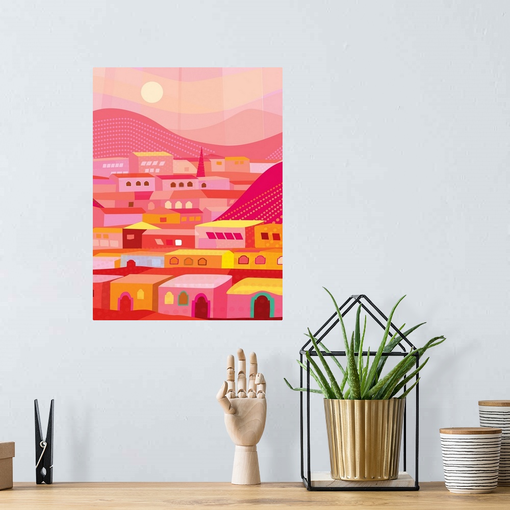 A bohemian room featuring Colorful illustration of the city of San Miguel in the state of Guanajuato in Mexico.