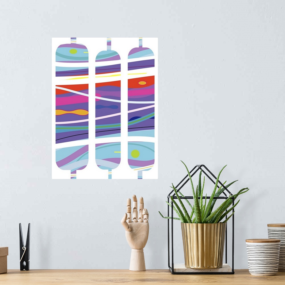 A bohemian room featuring Abstract shapes aquamarine pattern, vertical with purple, pink, cool colors like guatemalan texti...