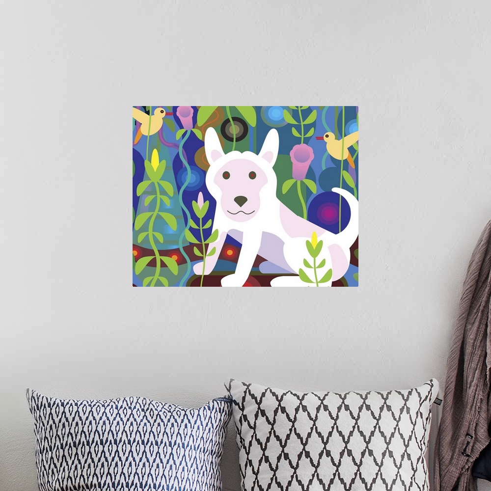 A bohemian room featuring White Dog in Jungle (Horizontal)