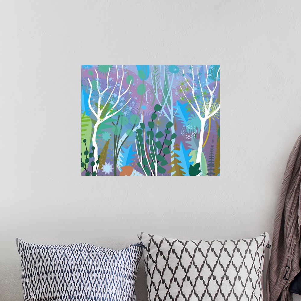 A bohemian room featuring Close up of stylized blowing forest landscape in pastel blues and purples.