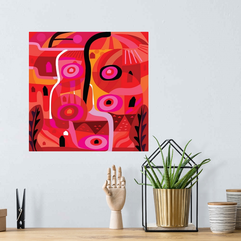 A bohemian room featuring A square abstract illustration of Zacatecas Plaza in Guadalupe, Mexico.