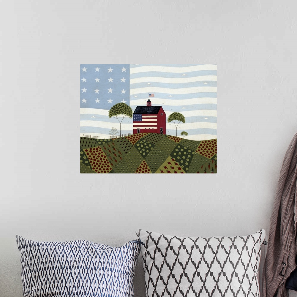 A bohemian room featuring Horizontal folk art on a large canvas of a red barn on a hill, an American flag at the top and pa...
