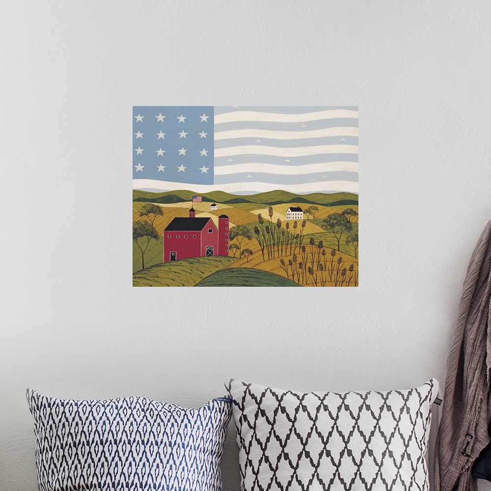 A bohemian room featuring Painting on canvas of a countryside with an American flag flying on top of a barn as well has in ...