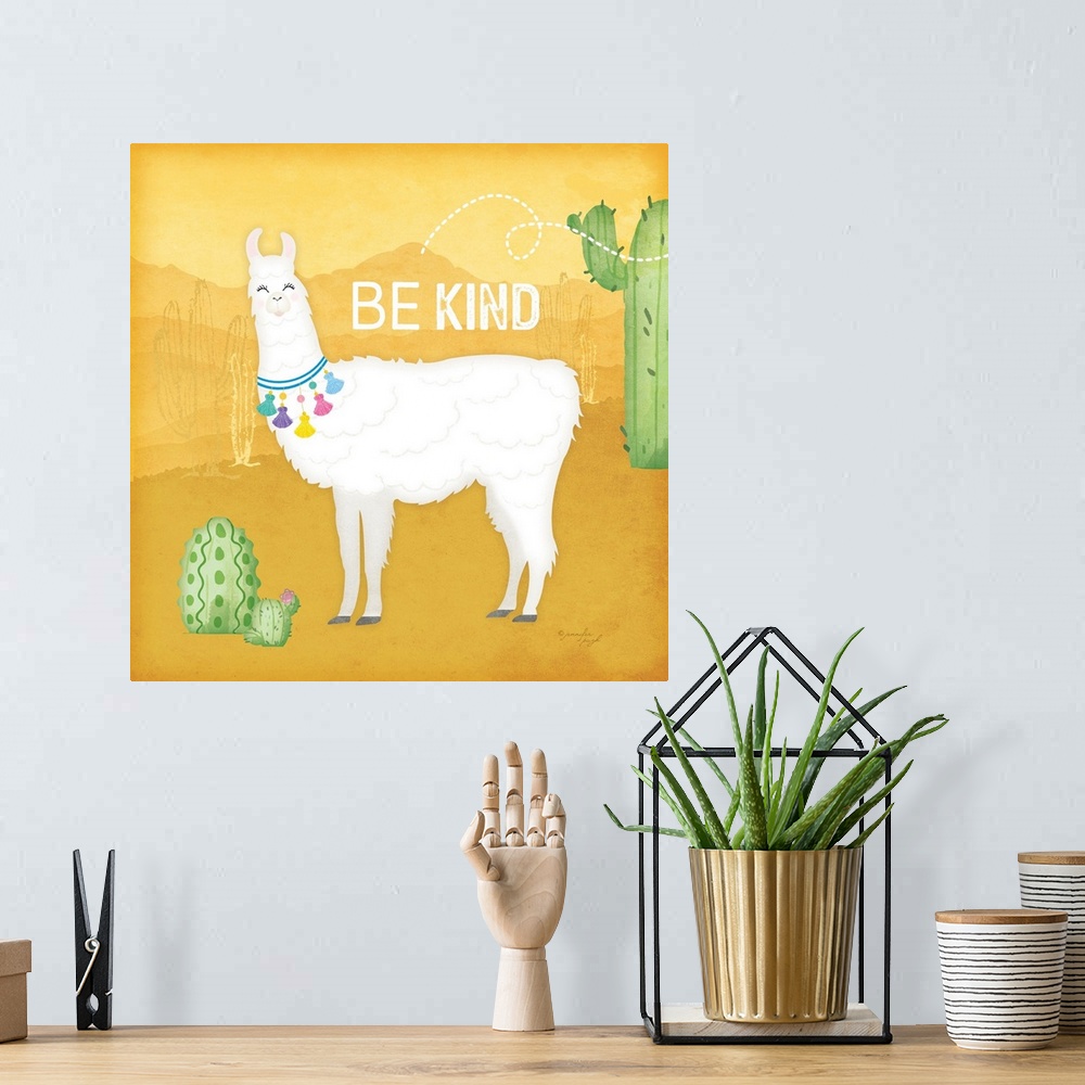 A bohemian room featuring Be Kind Llama