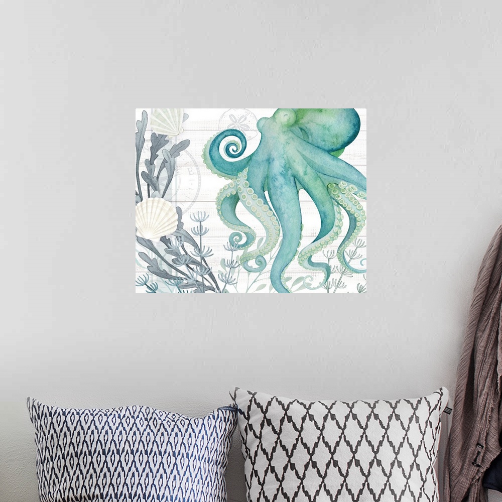 A bohemian room featuring Swirling arms of the mystical octopusoin a sea-glass tone for your beach decor!