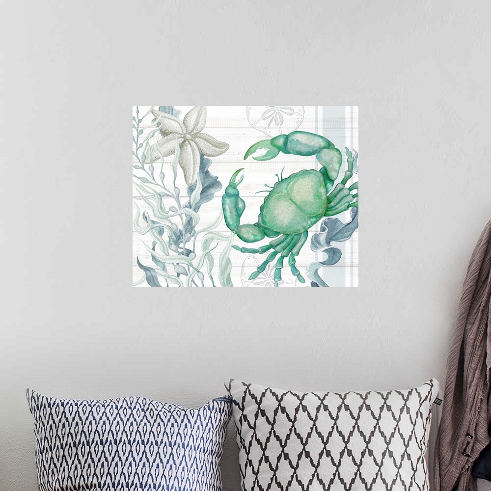 A bohemian room featuring The popular crab featured in this sea-glass toned art is perfect for any beach house decor!