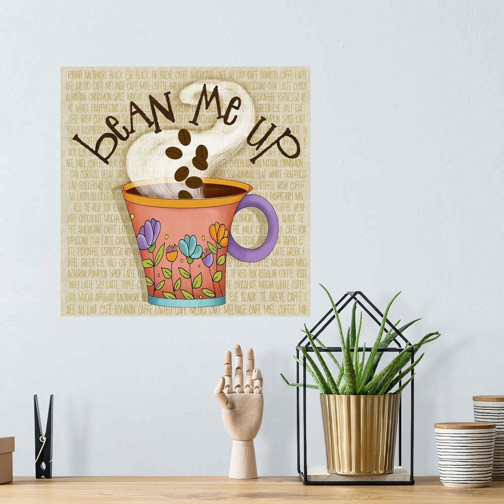 A bohemian room featuring Whimsical coffee-themed art for the kitchen or office.
