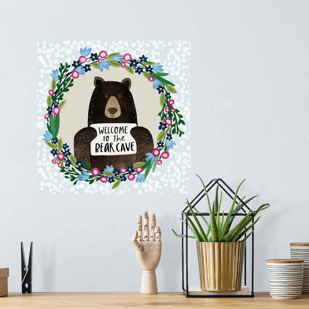 A bohemian room featuring A perfect piece of art for any Bear Cave in your home!