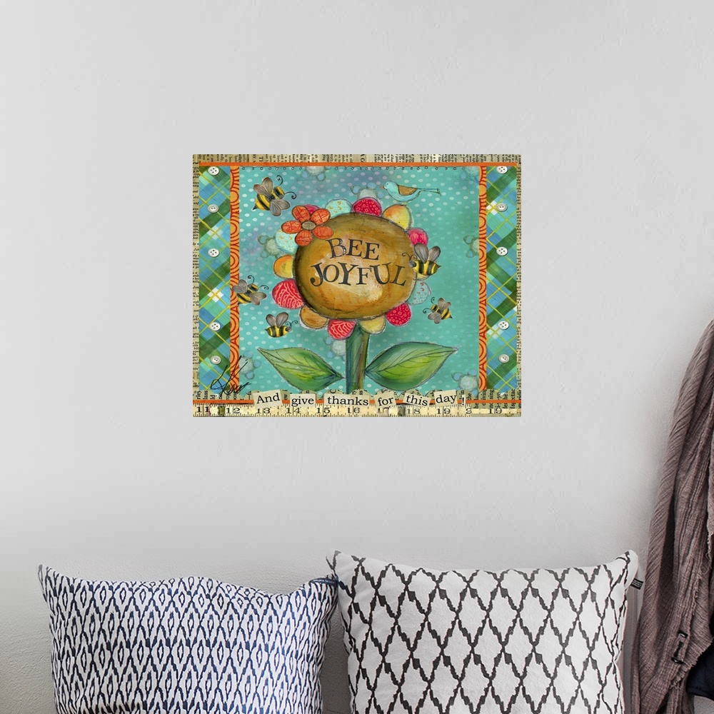 A bohemian room featuring Let this piece of art be a reminder to Bee Joyful!