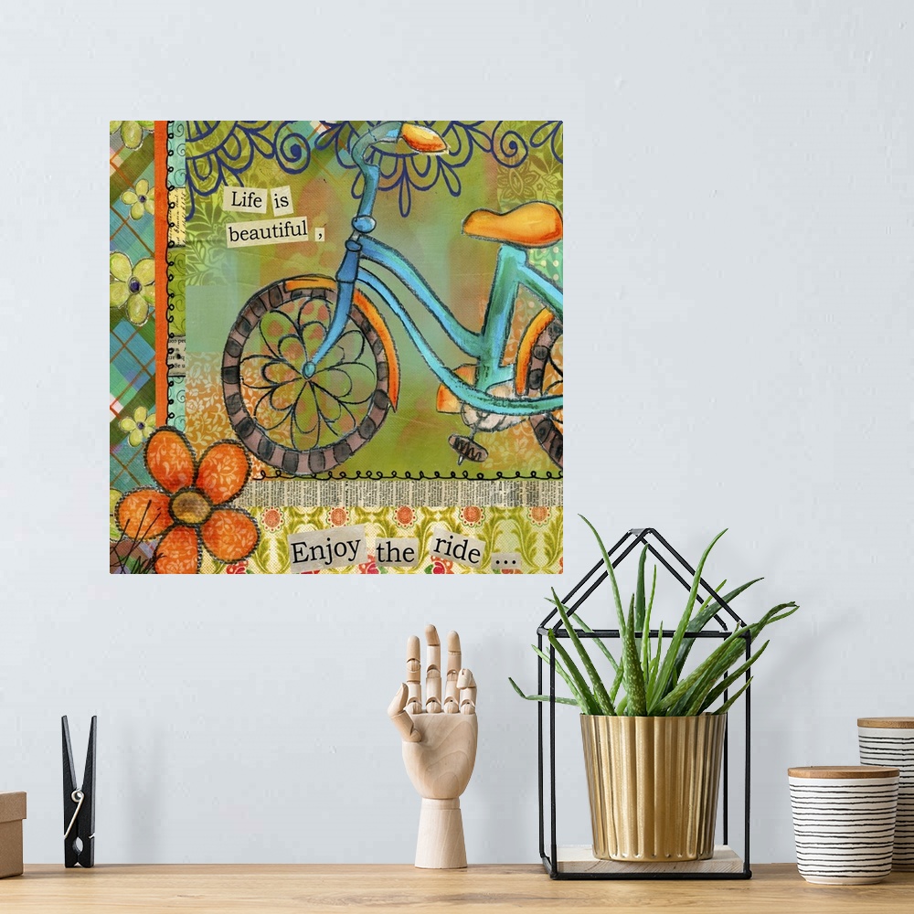 A bohemian room featuring Enjoy the ride with this charming piece of art.
