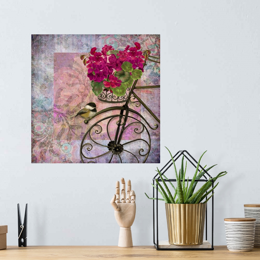 A bohemian room featuring Lovely, intriguing and eye-catching image of a bicycle with Geraniums.