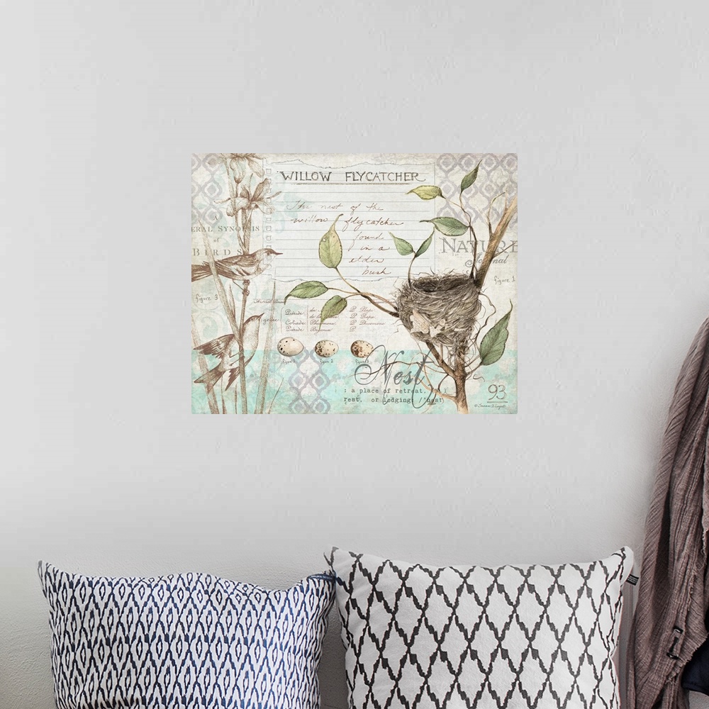 A bohemian room featuring Botanical study of birdlife adds elegant, nature-inspired touch to any room.