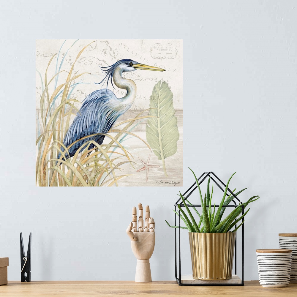 A bohemian room featuring Softly hued scene featuring the striking blue heron is a subtle and tasteful coastal statement.
