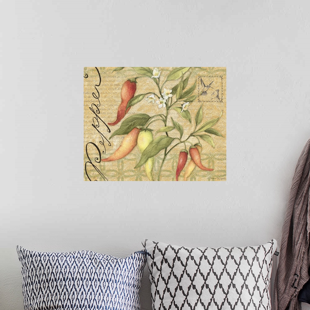 A bohemian room featuring Elegant botanical vegetable art perfect for kitchen, dining room, home decor