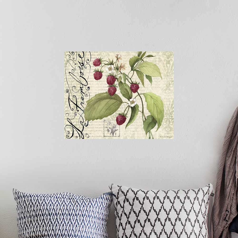 A bohemian room featuring Elegant botanical fruit art with raspberries and leaves with text in the background.