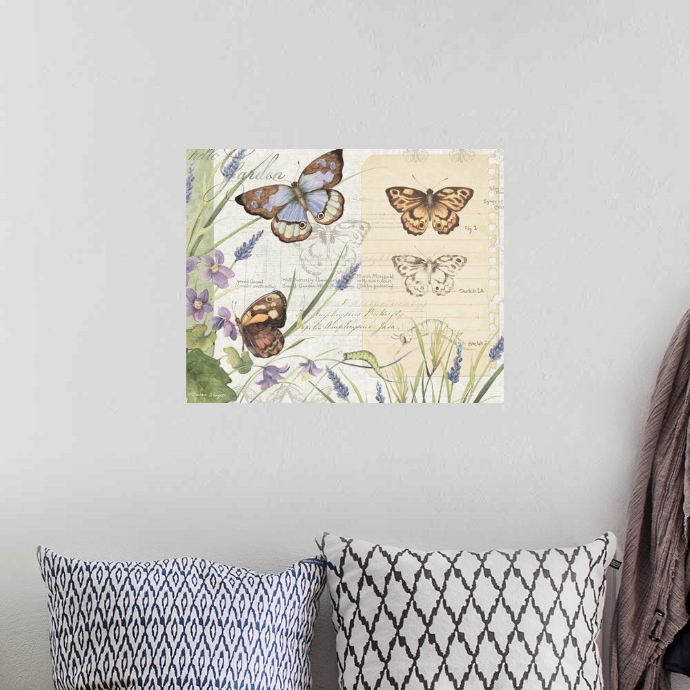 A bohemian room featuring Beautiful botanical rendering of butterflies celebrate nature.