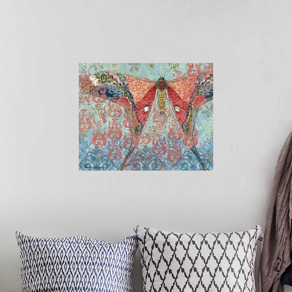 A bohemian room featuring Blue And Pink Big Winged Butterfly on decorative ornate blue background.