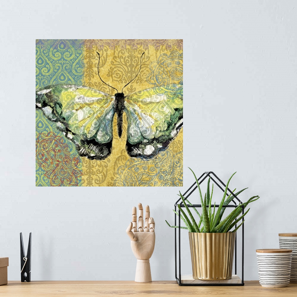 A bohemian room featuring Yellow and green butterfly on colorful ornate background