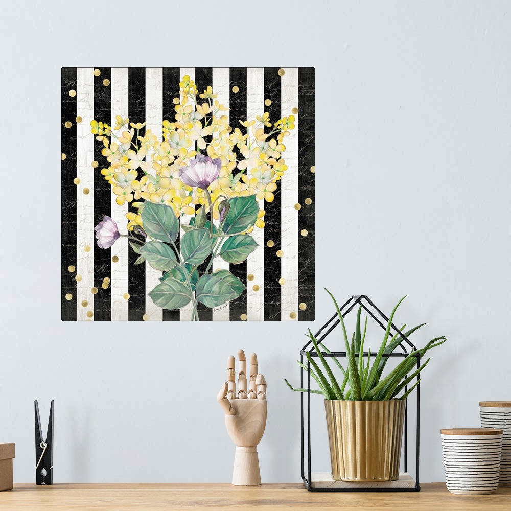A bohemian room featuring Contemporary artwork of colorful flowers against a black and white striped background with golden...