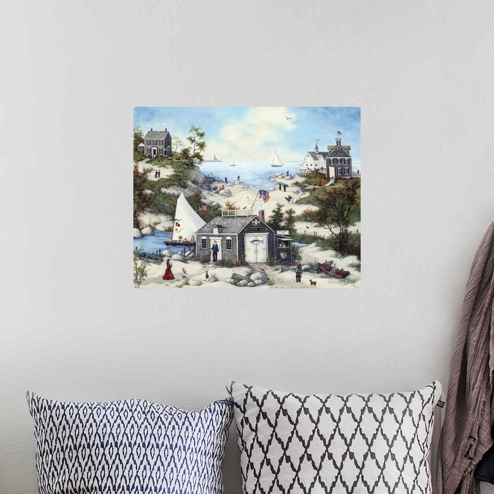 A bohemian room featuring A contemporary painting of a bay side village scene.