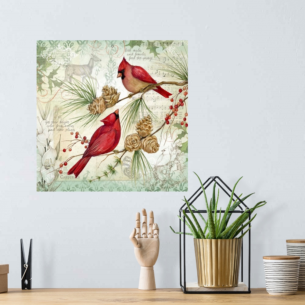 A bohemian room featuring Botanical bird scene brinks the beauty of nature into your winter holiday decor.