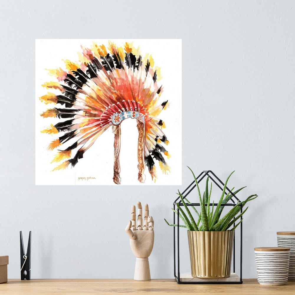 A bohemian room featuring Traditional Native American headdress in all it's magnificence.