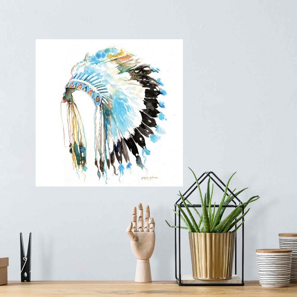 A bohemian room featuring Traditional Native American headdress in all it's magnificence.