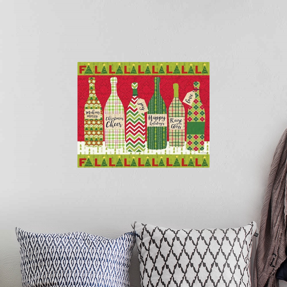 A bohemian room featuring Bright Christmas colors and wine motifs say a big Cheers to the Holiday!
