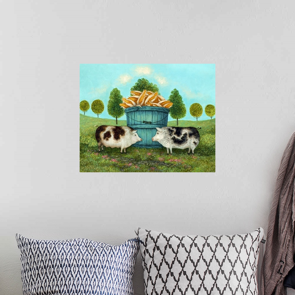 A bohemian room featuring A contemporary folk art painting of two spotted hogs standing by a blue wooden bucket filled with...