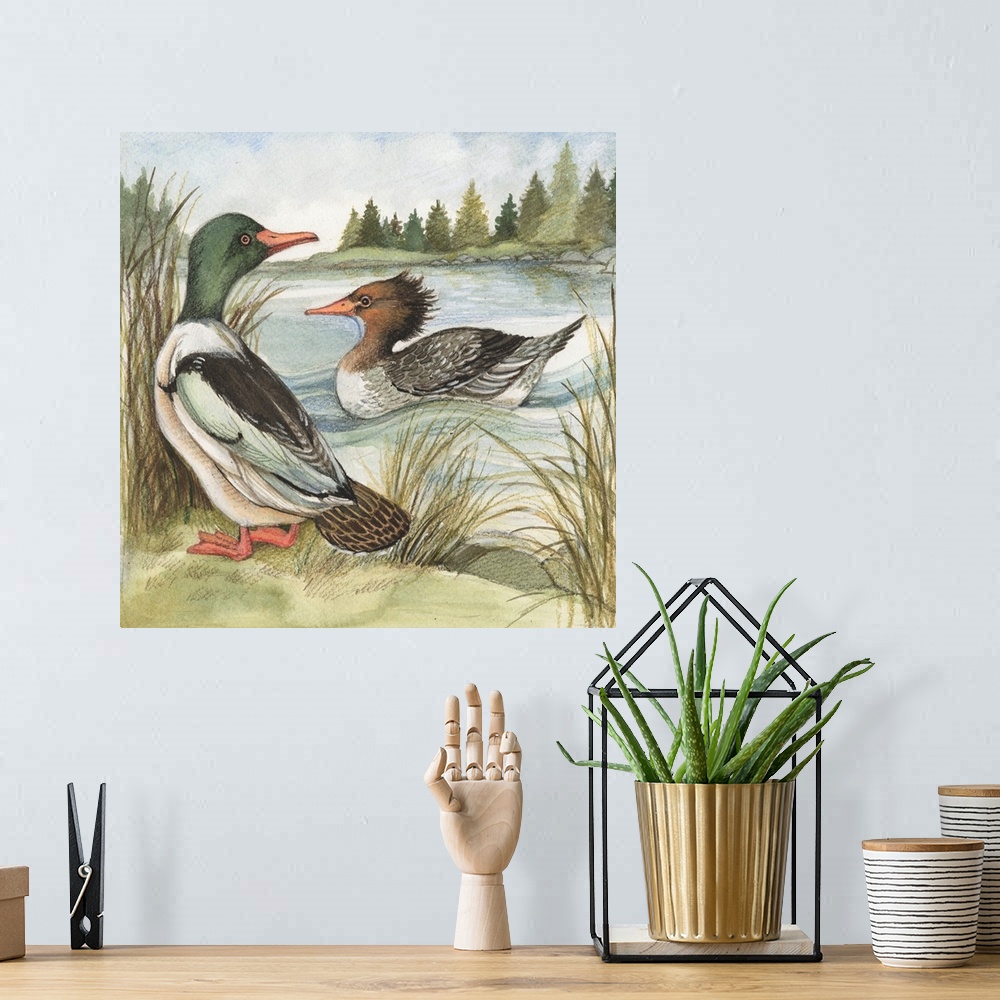 A bohemian room featuring Lovely painterly treatment of Ducks at the Lake