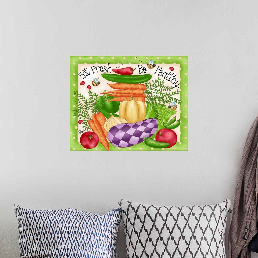 A bohemian room featuring Whimsical colorful art adds cheerful touch to kitchen with an eat healthy message!