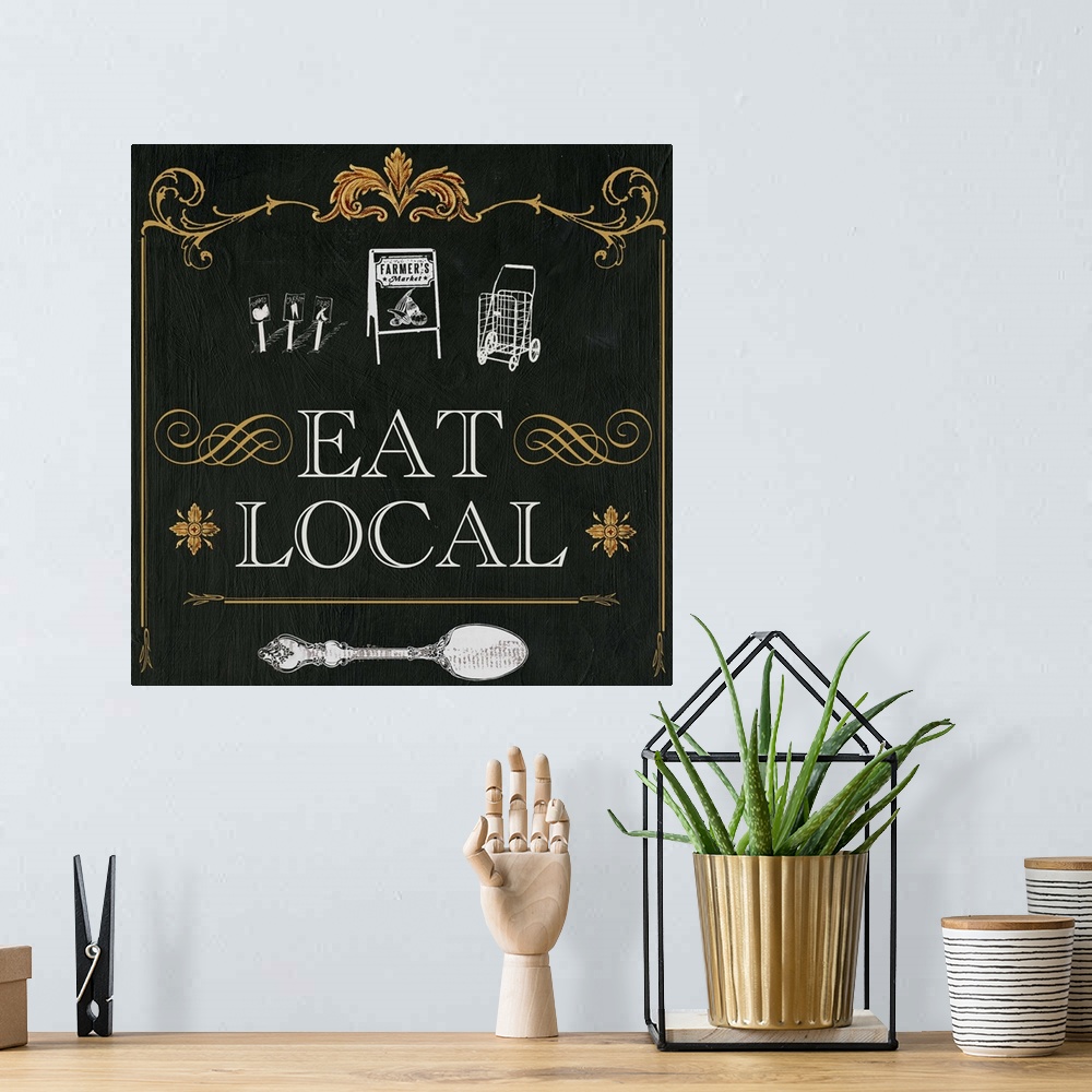 A bohemian room featuring Eat Local chalkboard signage makes great decor for kitchen or dining room.