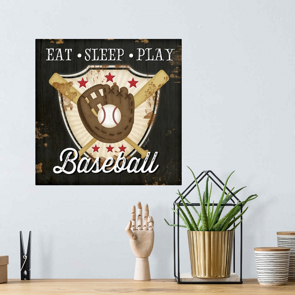 A bohemian room featuring Eat, Sleep, Play, Baseball