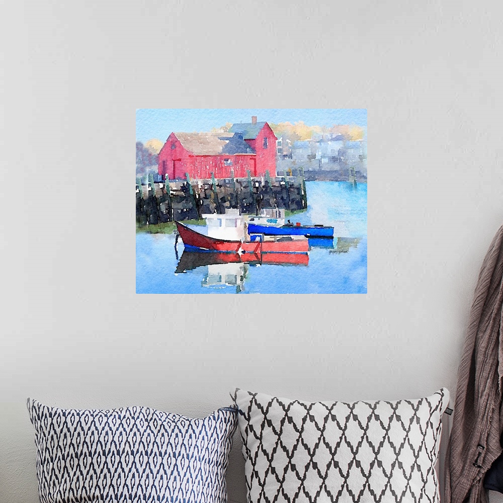 A bohemian room featuring Watercolor painting of a red house and fishing boats on in a seaside town.