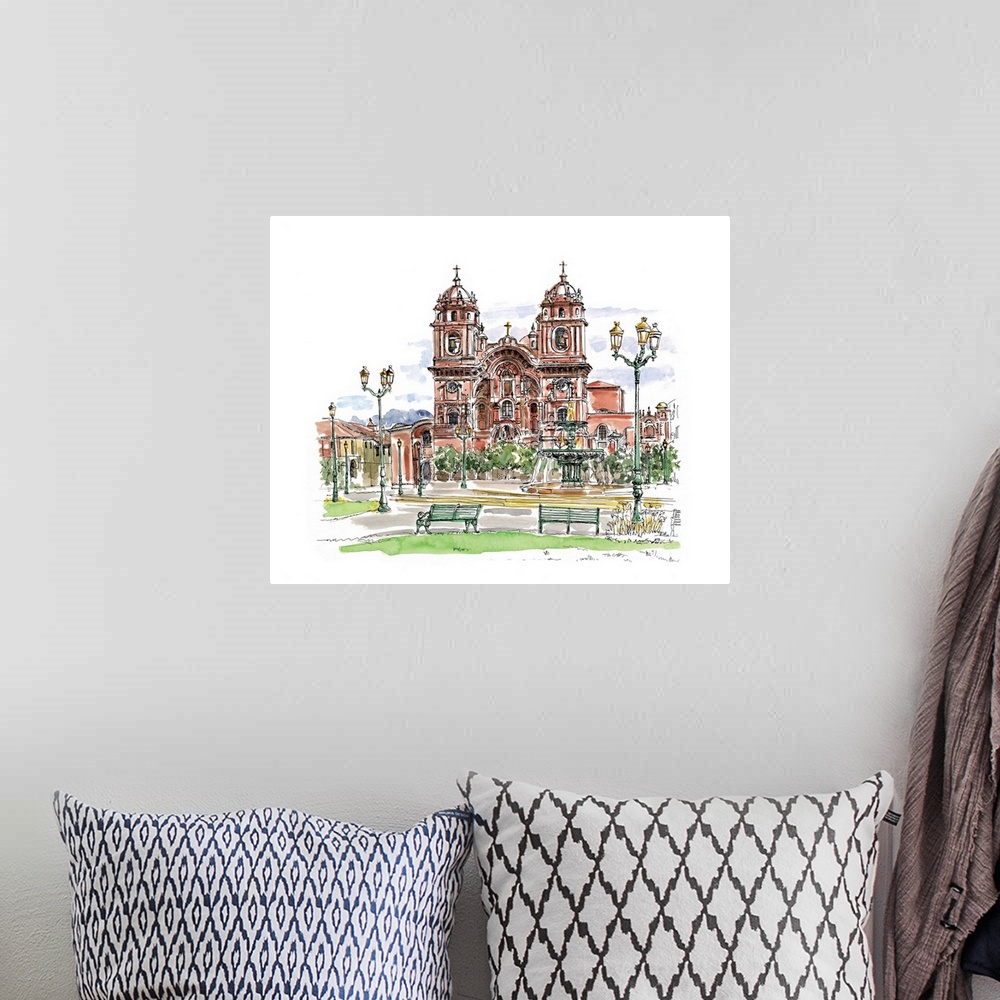 A bohemian room featuring A lovely pen and ink depiction of a European cathedral