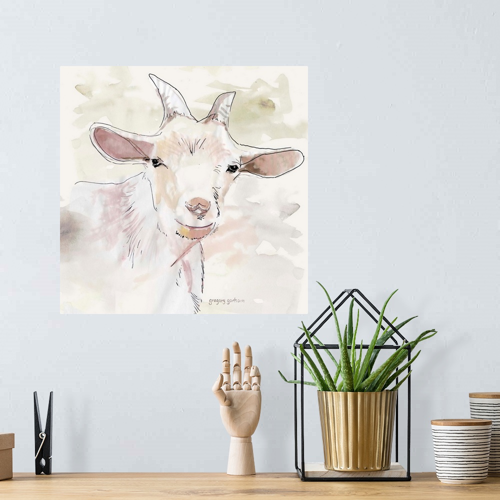 A bohemian room featuring Pastel watercolor portrait of a goat.