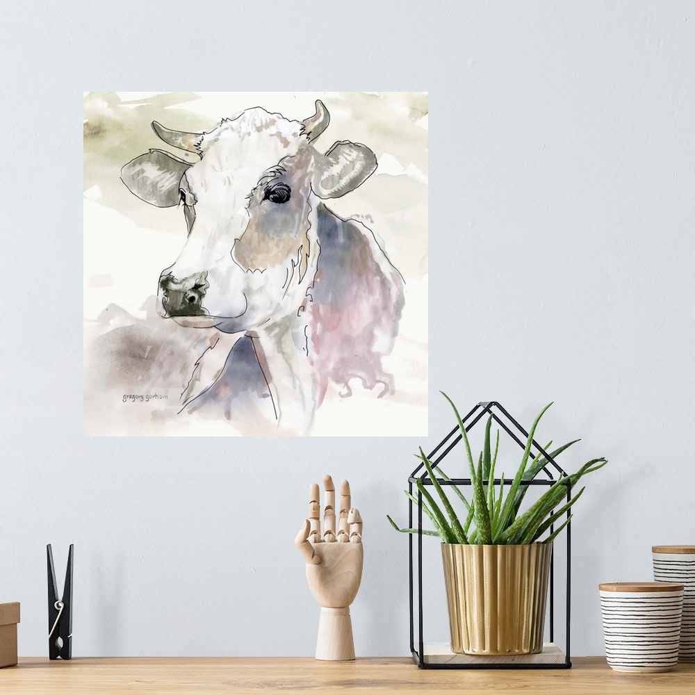 A bohemian room featuring Pastel watercolor portrait of a dairy cow.