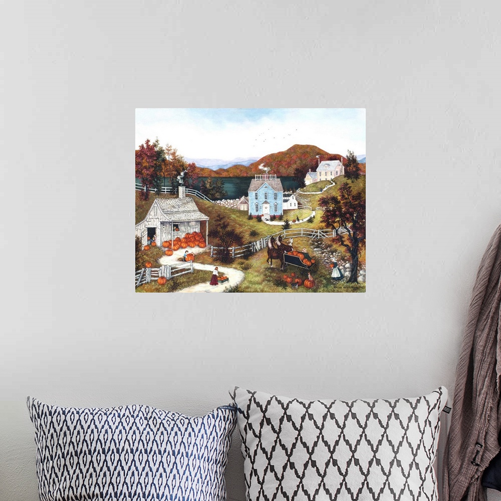 A bohemian room featuring A contemporary painting of a countryside village scene in autumn.
