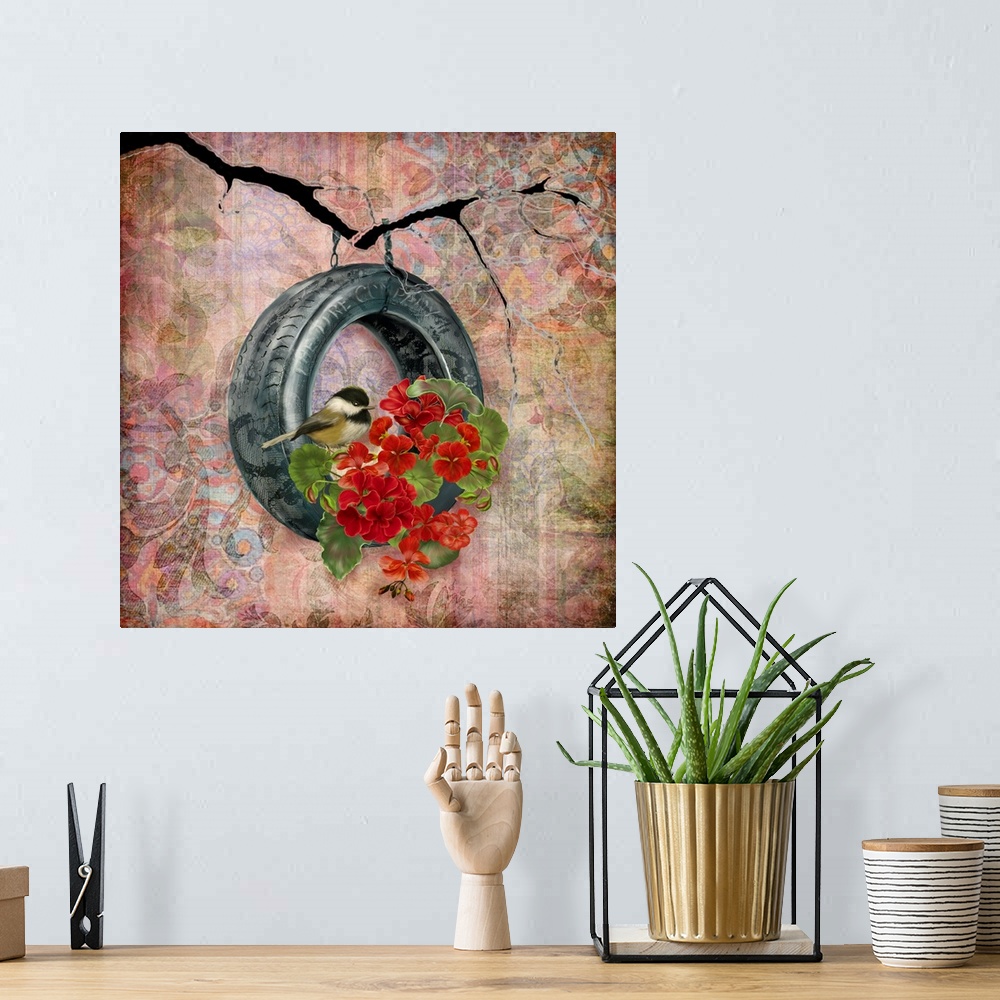 A bohemian room featuring Lovely, intriguing and eye-catching image of a tire swing with Geraniums.